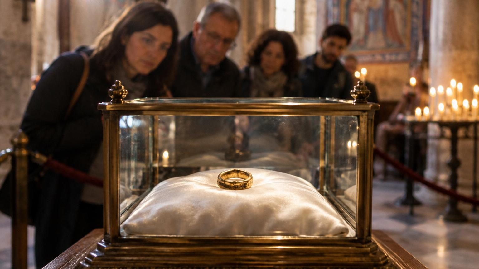 L'anneau de calcédoine du Santo Anello, objet modeste de pierre blanche, exposé dans son contexte de relique vénérée à Pérouse.