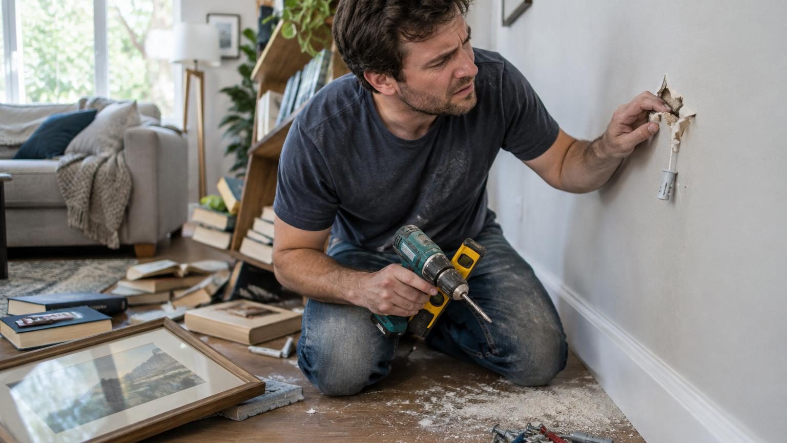 Main de bricoleur enfonçant une cheville blanche dans un mur gris après perçage, avec un niveau et des outils de mesure à proximité