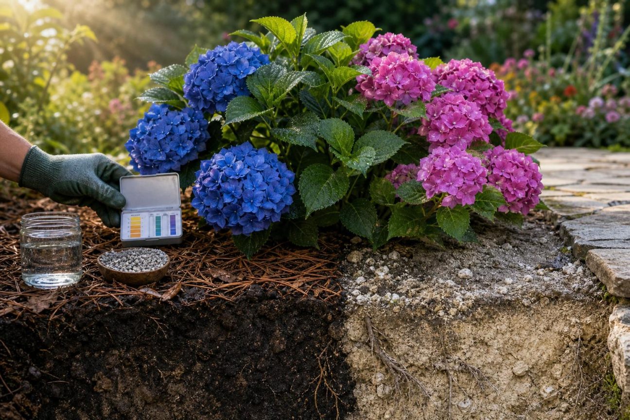 Hortensia bleu aux grosses fleurs en boule, avec des feuilles vertes, montrant la nuance bleue profonde obtenue dans un sol acide favorable.