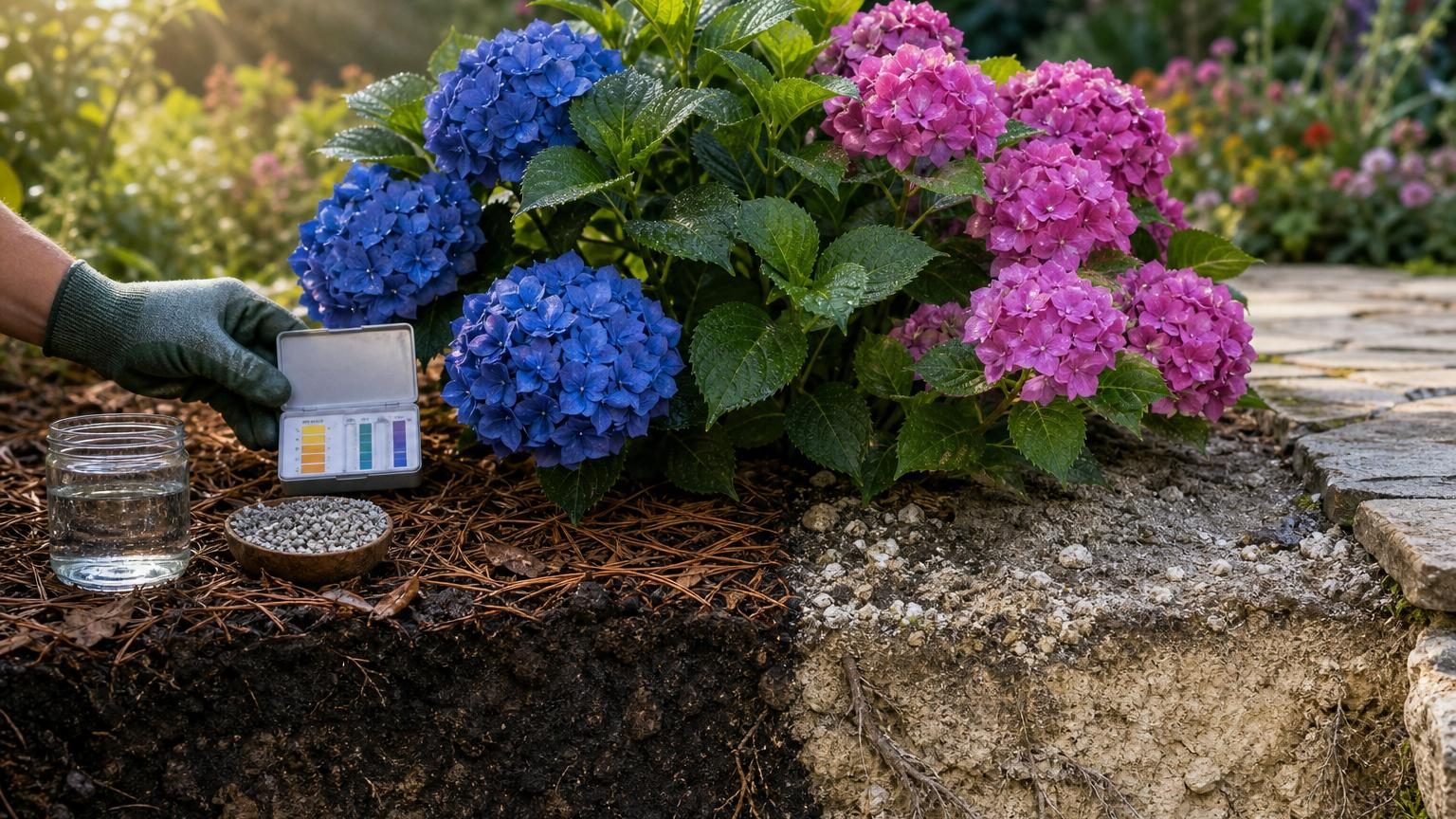 Hortensia bleu aux grosses fleurs en boule, avec des feuilles vertes, montrant la nuance bleue profonde obtenue dans un sol acide favorable.