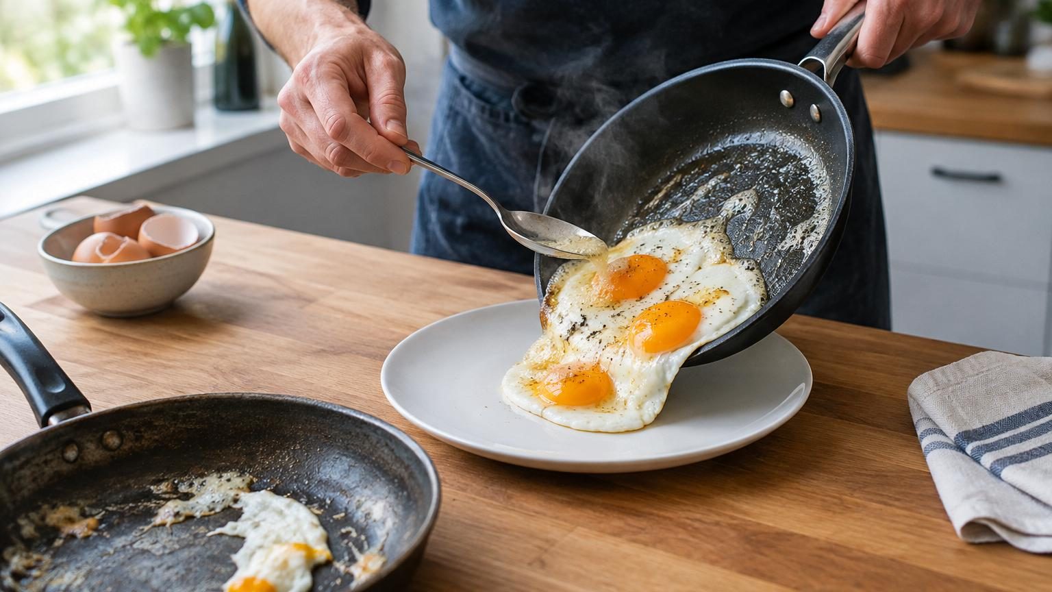Une poêle contenant deux œufs au plat avec un blanc parfaitement pris et un jaune coulant, entourés de beurre moussant et d'une légère couleur dorée.