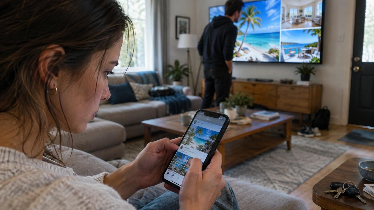 Illustration montrant un écran de téléphone avec des photos de vacances colorées et un symbole de cadenas, evoquant la sécurité des données partagées sur les réseaux sociaux.
