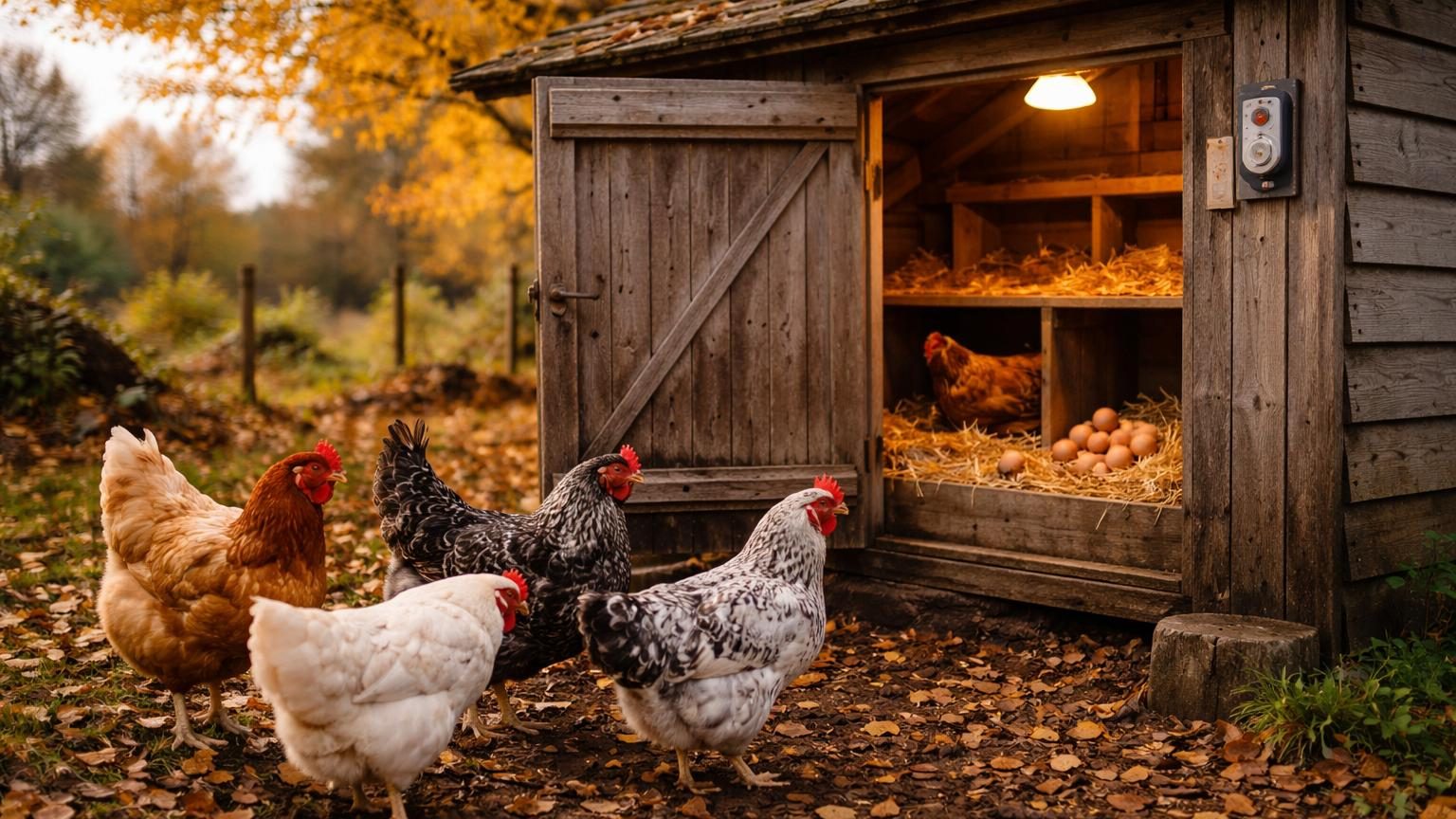 Poules dans un poulailler éclairé par une lampe programmée pour prolonger les heures de jour en automne et relancer la ponte.