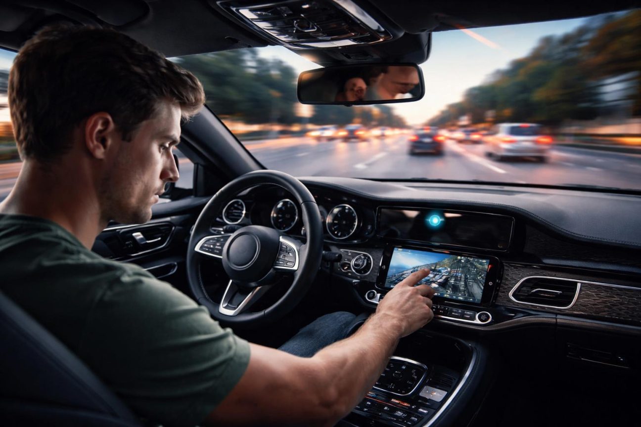 Tableau de bord d'une voiture moderne avec capteur infrarouge surveillance yeux conducteur et écran central d'infodivertissement