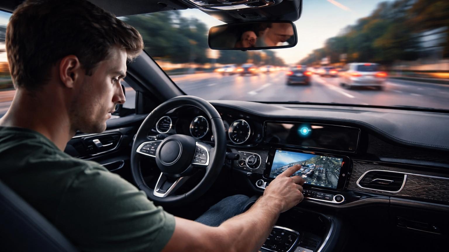 Tableau de bord d'une voiture moderne avec capteur infrarouge surveillance yeux conducteur et écran central d'infodivertissement