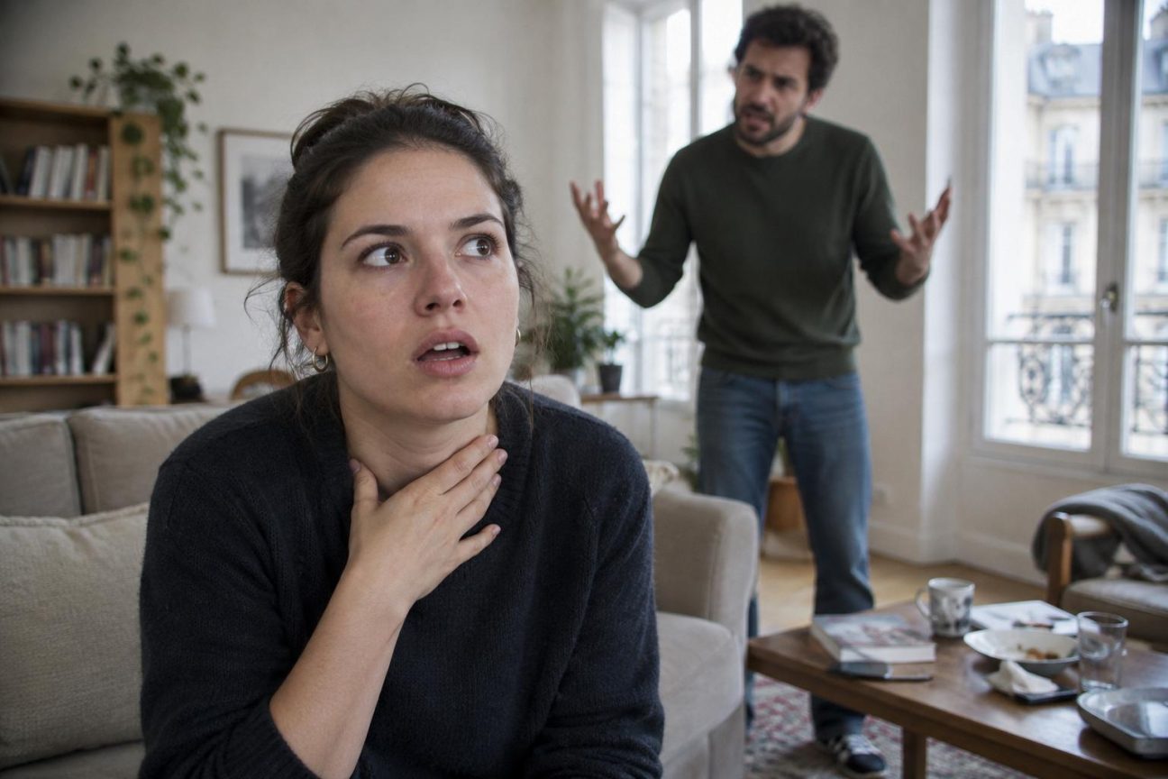 Illustration d'une personne les mains sur le visage, symbole de frustration et de blocage émotionnel lors d'une dispute ou d'une situation conflictuelle stressante.