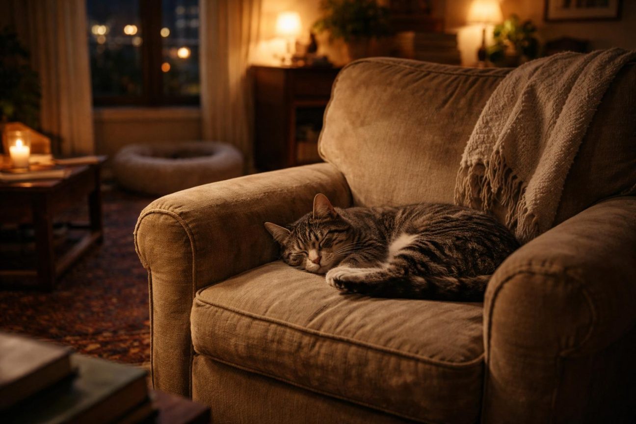 Un chat gris aux yeux jaunes allongé confortablement sur un vieux fauteuil usé, les yeux mi-clos, dans une posture détendue.