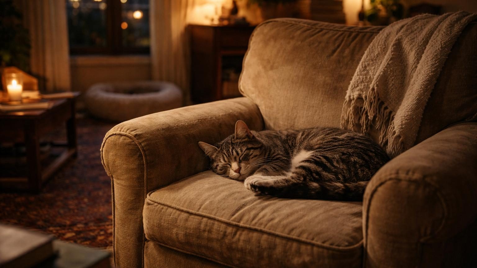 Un chat gris aux yeux jaunes allongé confortablement sur un vieux fauteuil usé, les yeux mi-clos, dans une posture détendue.