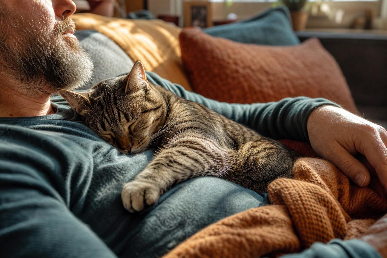Chat endormi et ronronnant confortablement sur la poitrine d'une personne allongée au lit, exprimant la confiance féline