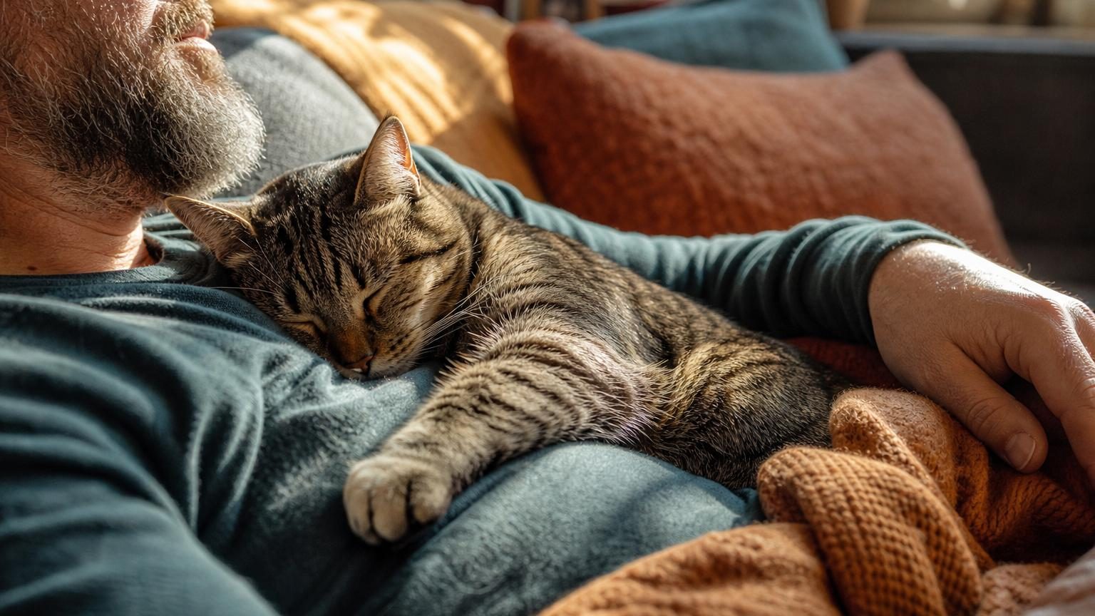 Chat endormi et ronronnant confortablement sur la poitrine d'une personne allongée au lit, exprimant la confiance féline