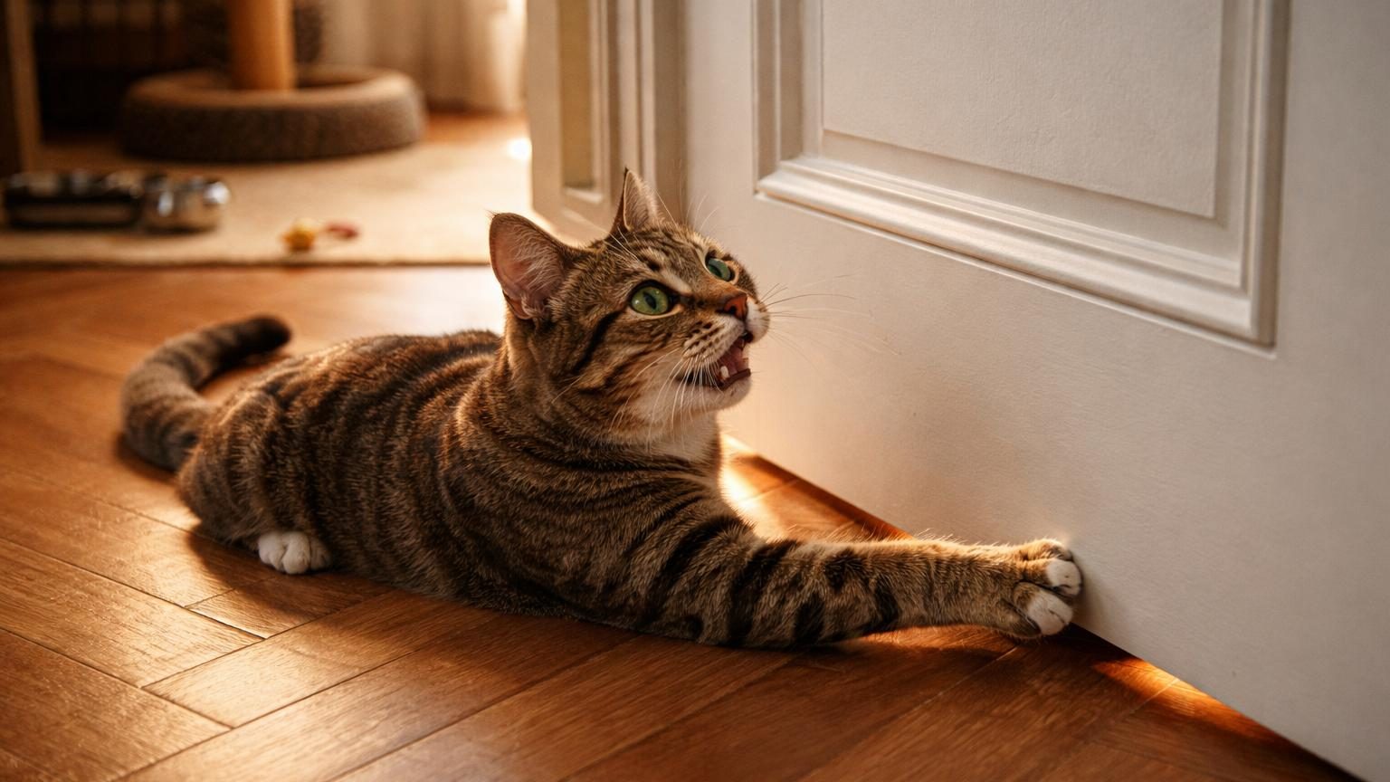 Chat gris grattant ou passant sa patte sous une porte fermée blanche, tête tournée vers le bas, expression concentrée et frustrée.