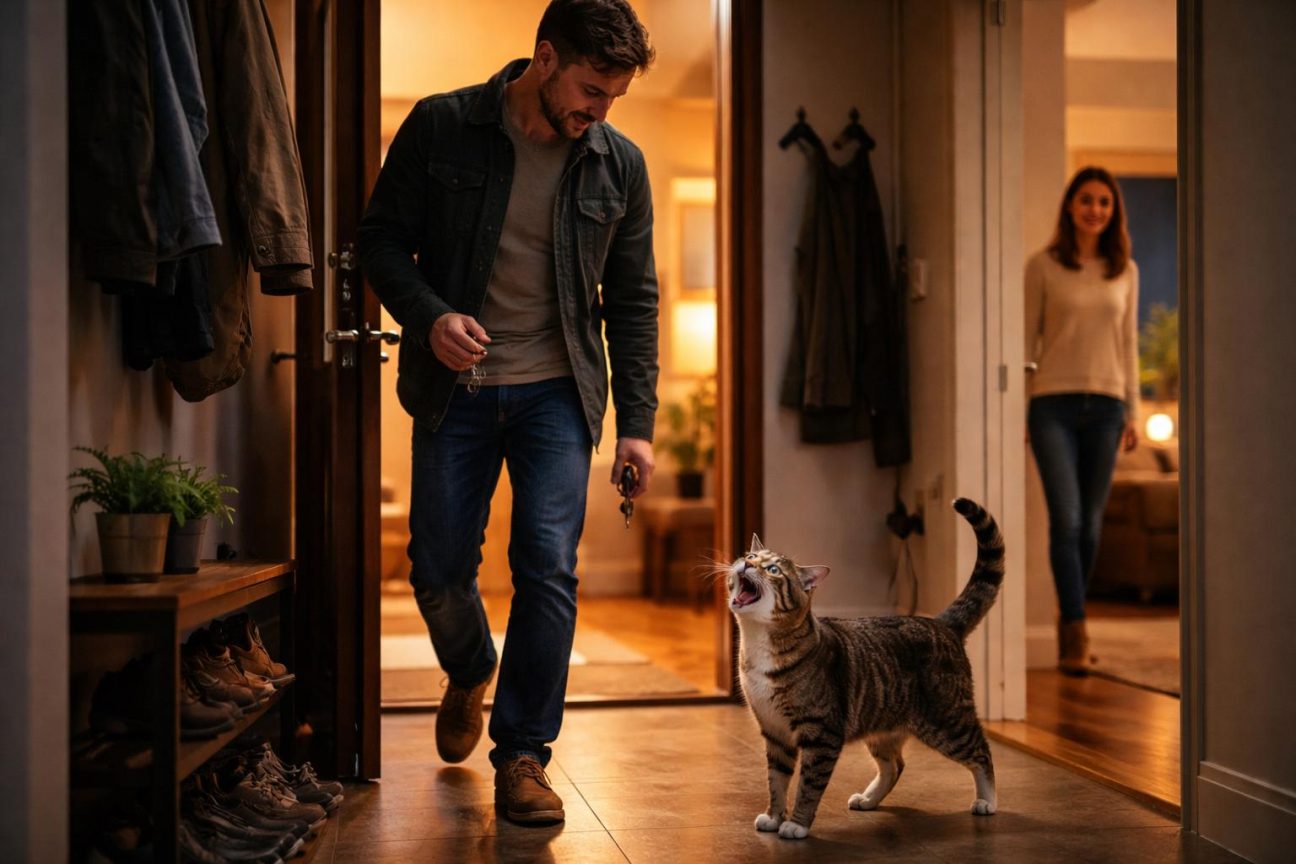 Un chat gris regarde vers la porte d'entrée, la bouche ouverte en train de miauler, tandis qu'une silhouette masculine franchit le seuil de la maison.