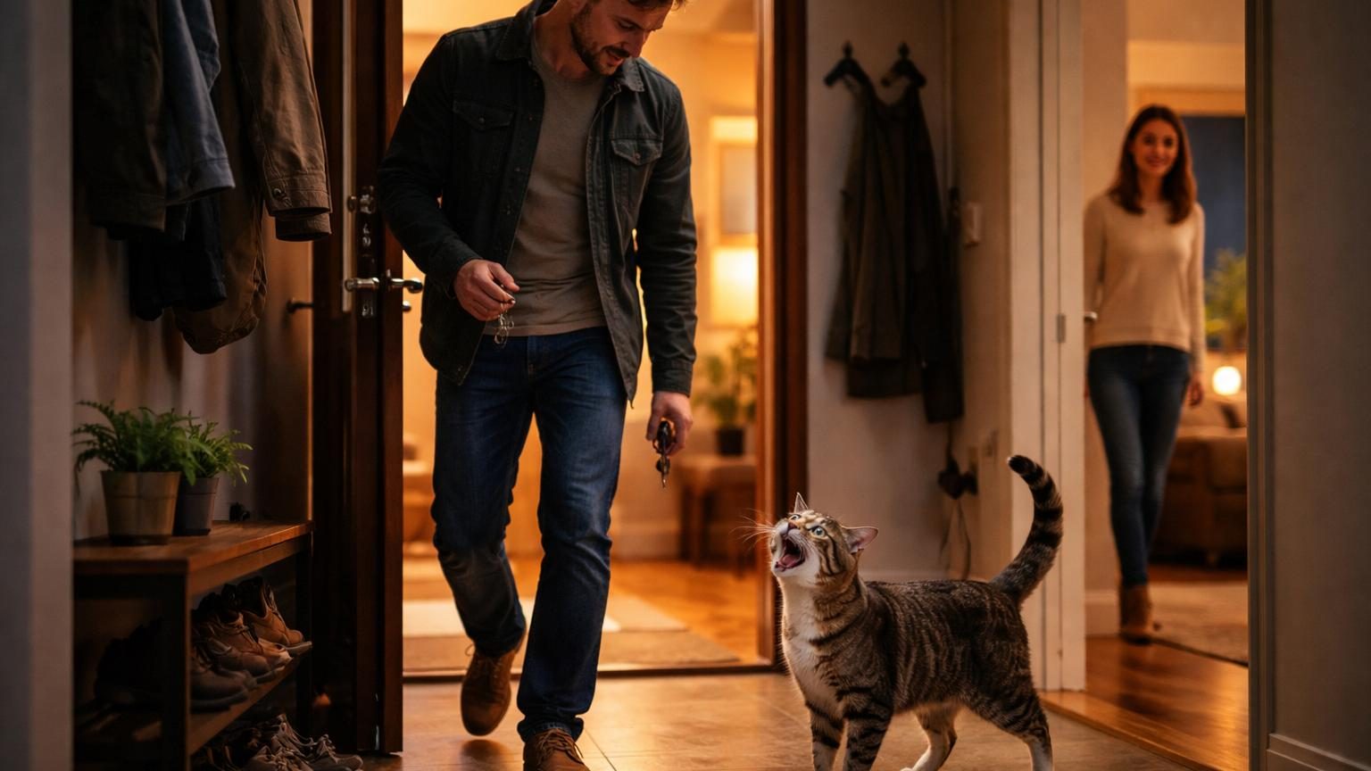 Un chat gris regarde vers la porte d'entrée, la bouche ouverte en train de miauler, tandis qu'une silhouette masculine franchit le seuil de la maison.