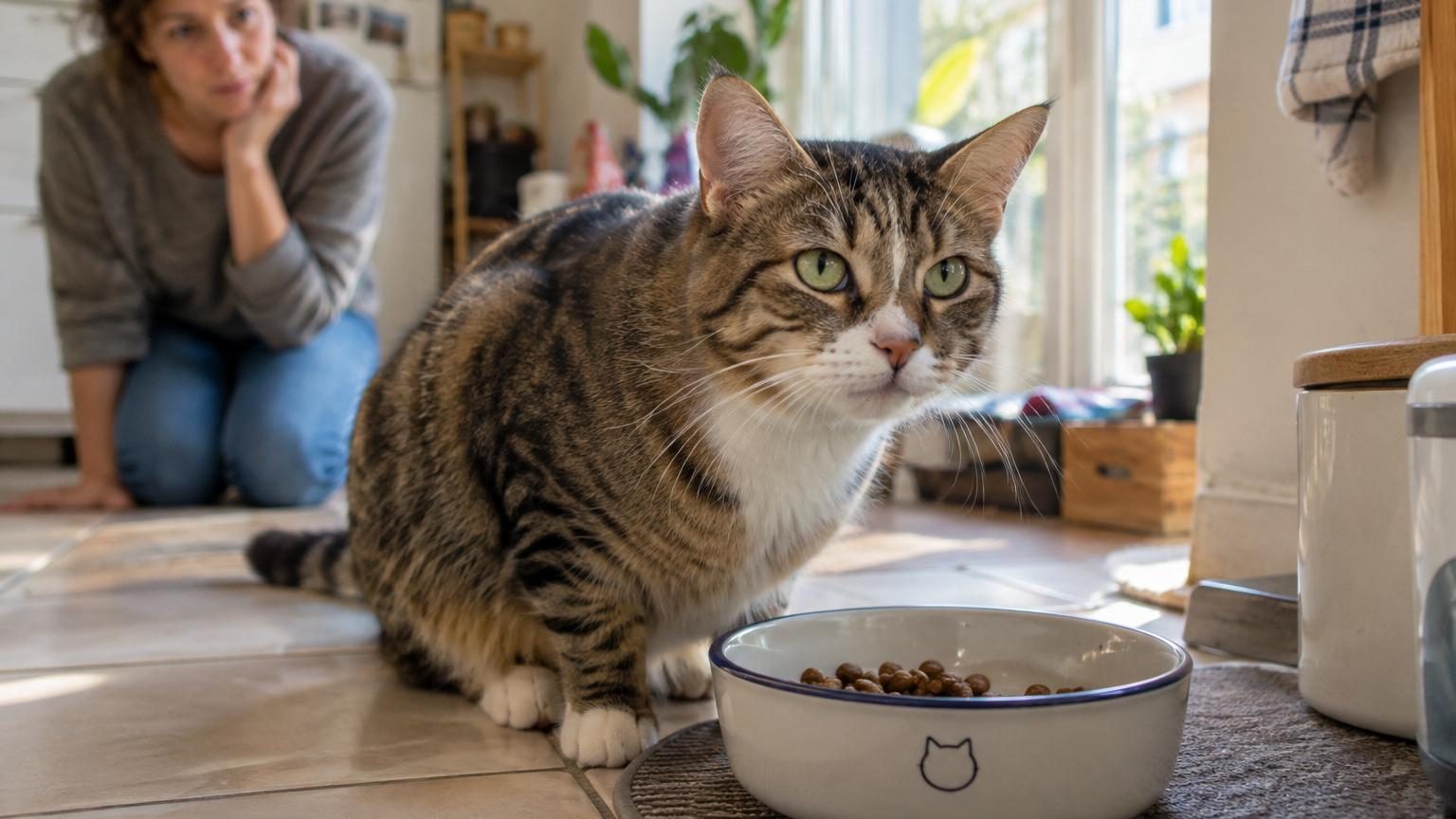 Chat noir se détournant d'une gamelle de croquettes, illustrant l'interruption brusque du repas due à l'habituation olfactive.