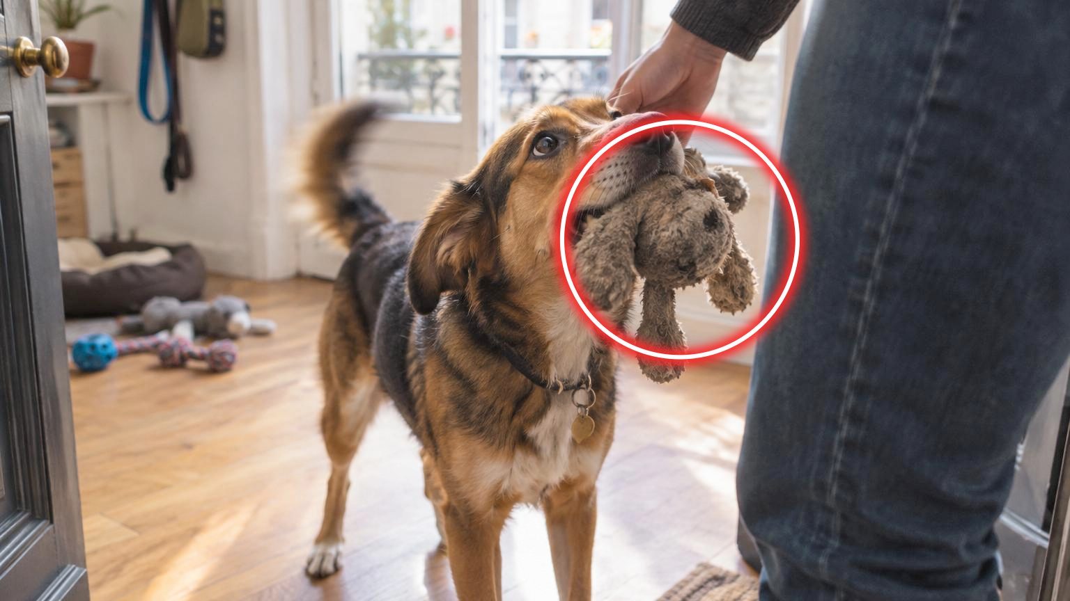 Un chien enthousiaste accourt vers son maître qui rentre à la maison, un jouet serré entre les dents et la queue en mouvement.