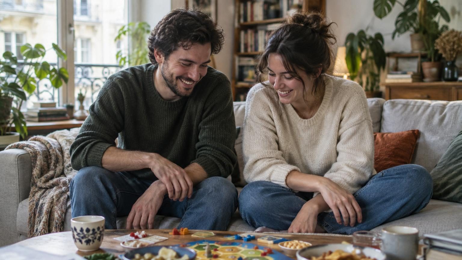 Un couple assis côte à côte sur un canapé, échangeant un regard distant et neutre, symbolisant une relation devenue fraternelle plutôt qu'amoureuse.