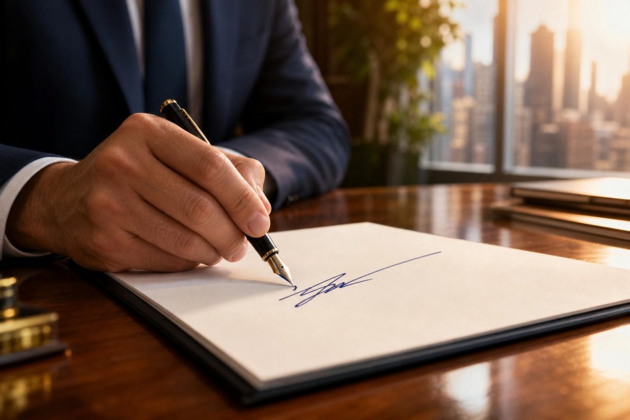 Gros plan d'une main tenant un stylo signant un document, la signature remontant légèrement vers la droite en trait fluide et ascendant.