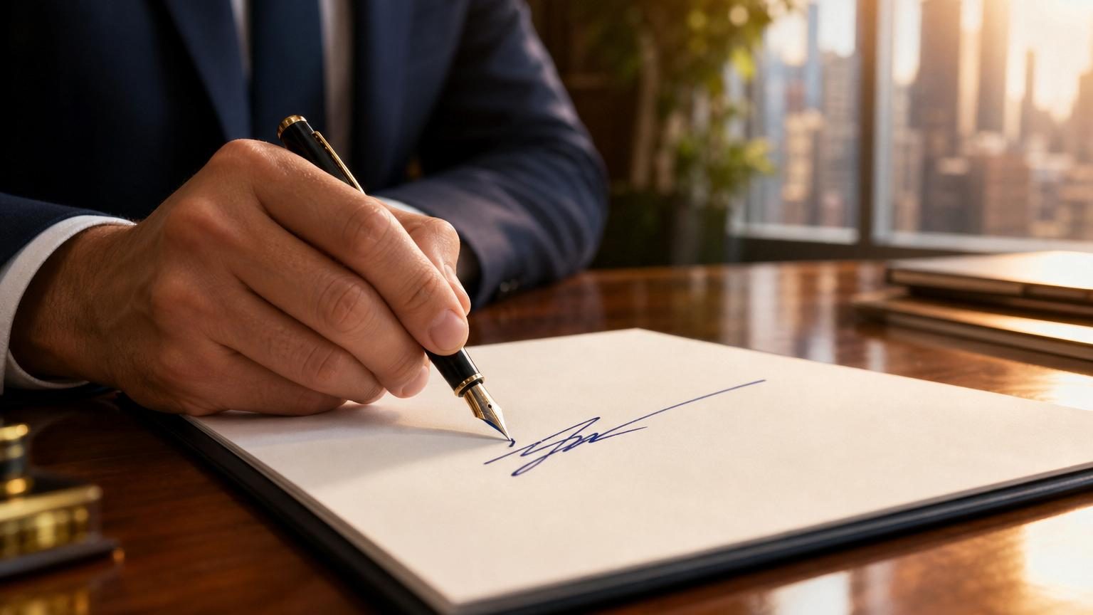 Gros plan d'une main tenant un stylo signant un document, la signature remontant légèrement vers la droite en trait fluide et ascendant.