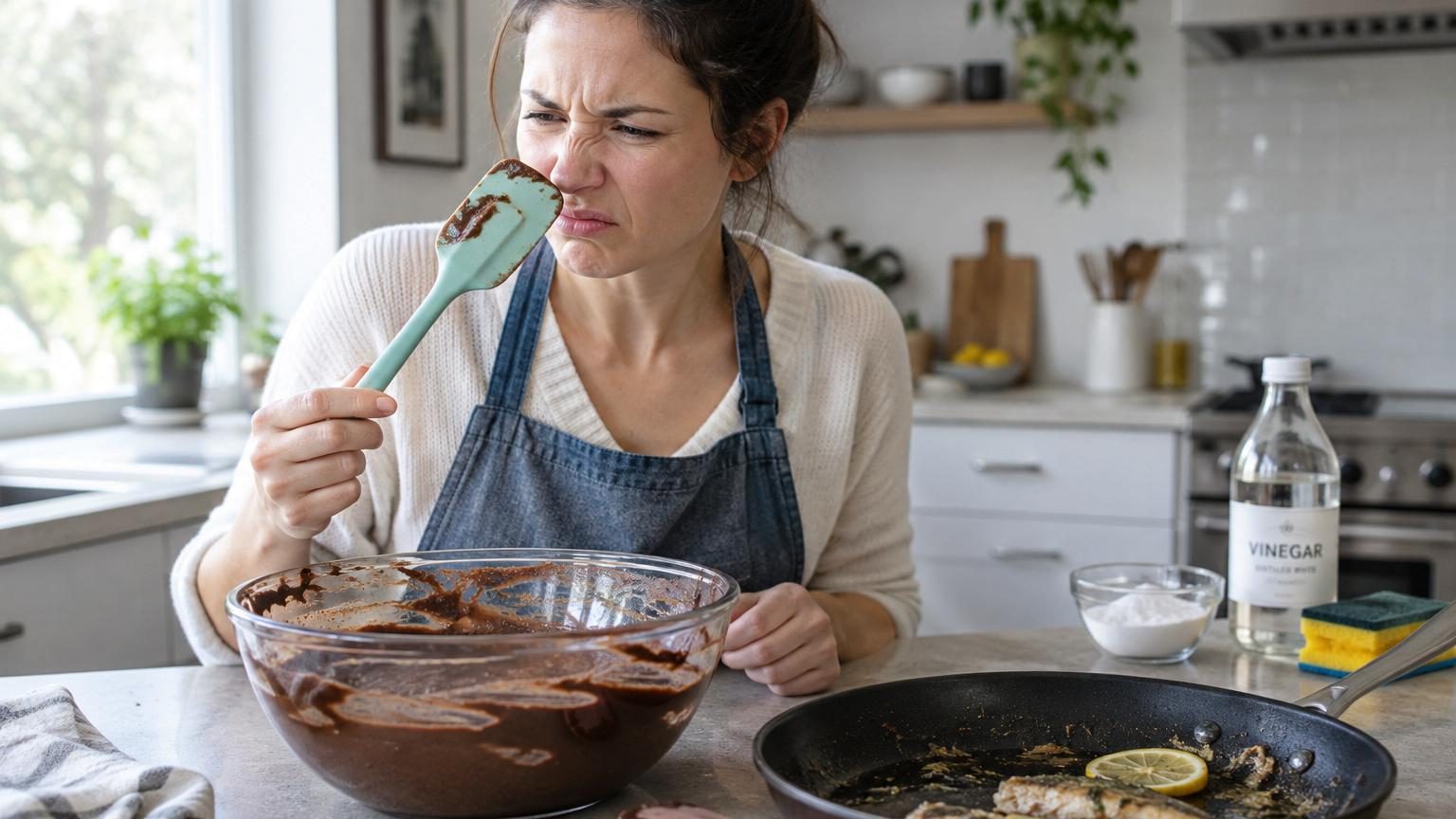 Une spatule en silicone rouge posée près d'un saladier rempli d'eau trouble avec du bicarbonate, illustrant le traitement pour éliminer les mauvaises odeurs.