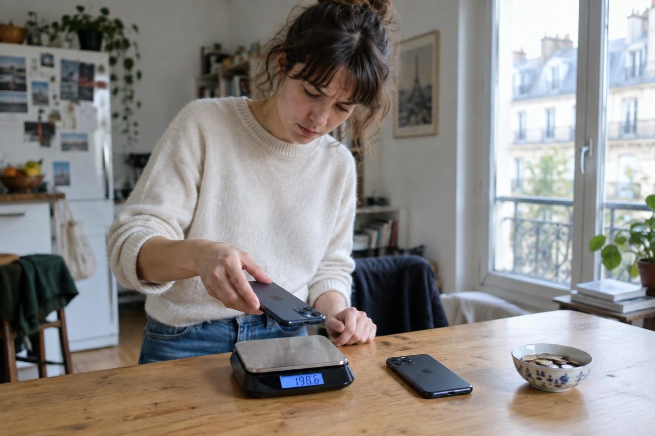 Illustration conceptuelle d'un smartphone affichant une hiérarchie d'unités de stockage numérique (gigaoctet, téraoctet, zettaoctet) sur un plateau de balance précisant l'imperceptible augmentation de masse due aux données stockées.