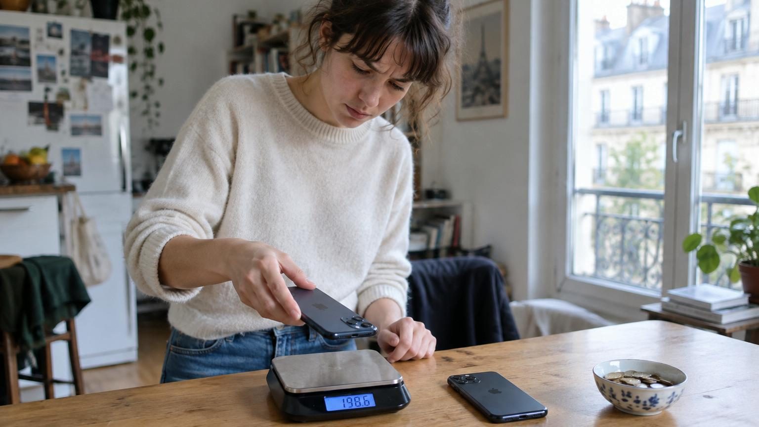 Illustration conceptuelle d'un smartphone affichant une hiérarchie d'unités de stockage numérique (gigaoctet, téraoctet, zettaoctet) sur un plateau de balance précisant l'imperceptible augmentation de masse due aux données stockées.