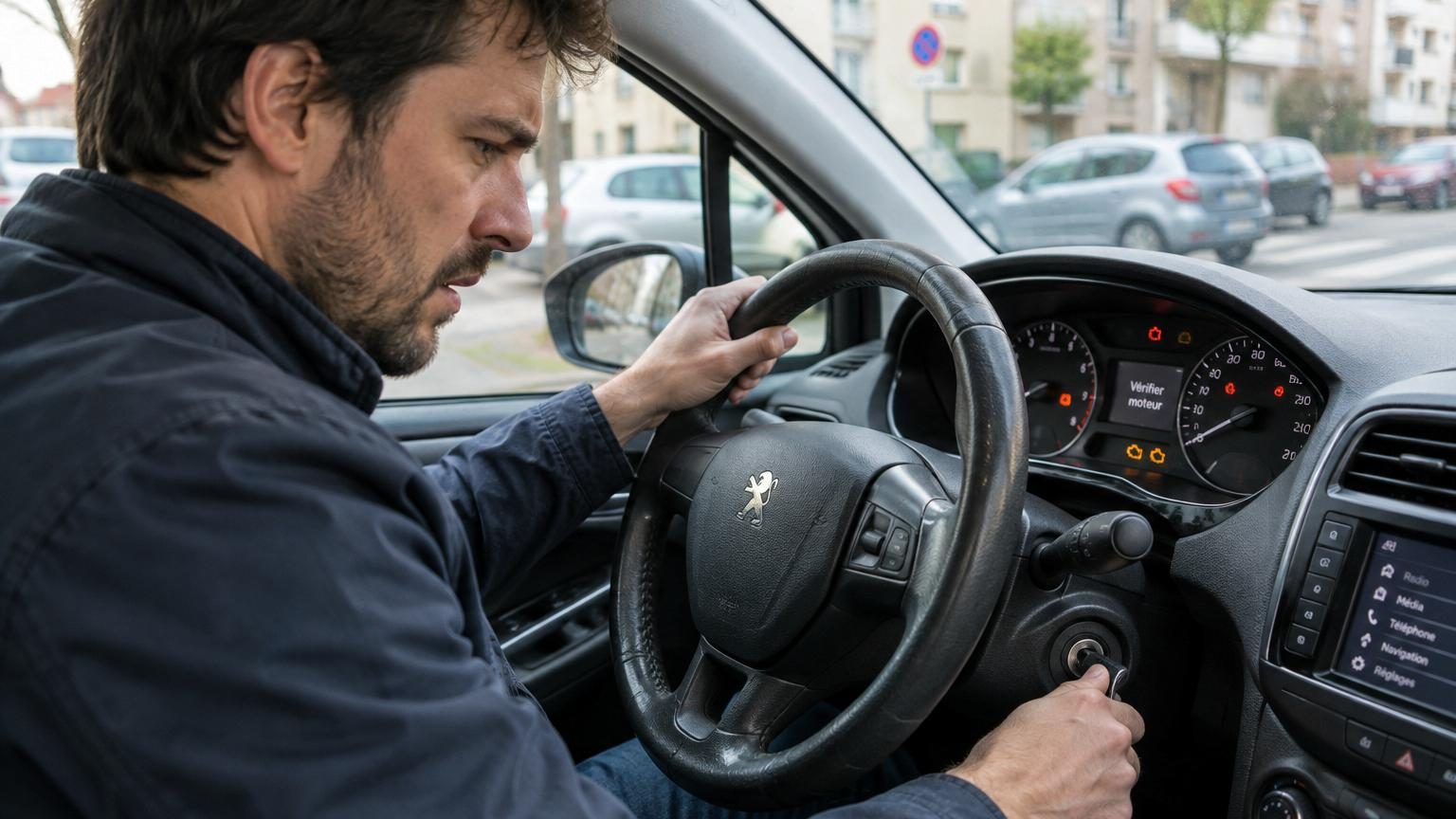 Gros plan sur une main tournant la clé de contact dans le démarreur d'une voiture, avec le tableau de bord et les voyants lumineux visibles en arrière-plan