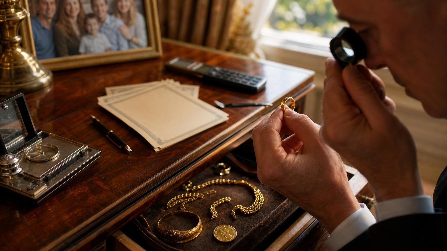 Gros plan sur une chaîne en or et une pièce de monnaie ancienne posées sur une balance, avec en arrière-plan des documents administratifs et une calculatrice symbolisant le calcul de la taxe.