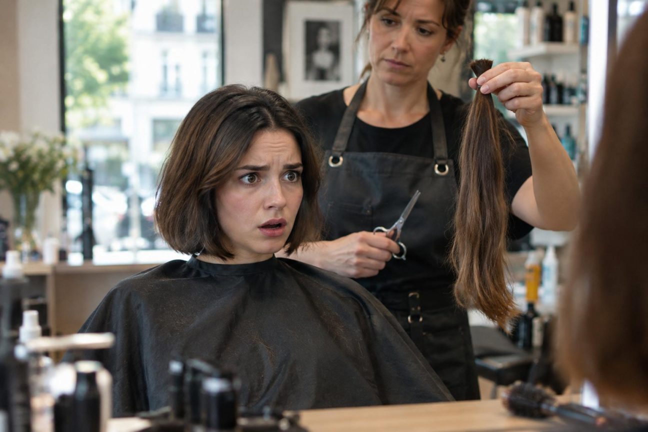 Coiffeuse avec des ciseaux tenant une mèche de cheveux, prête à couper devant un miroir de salon