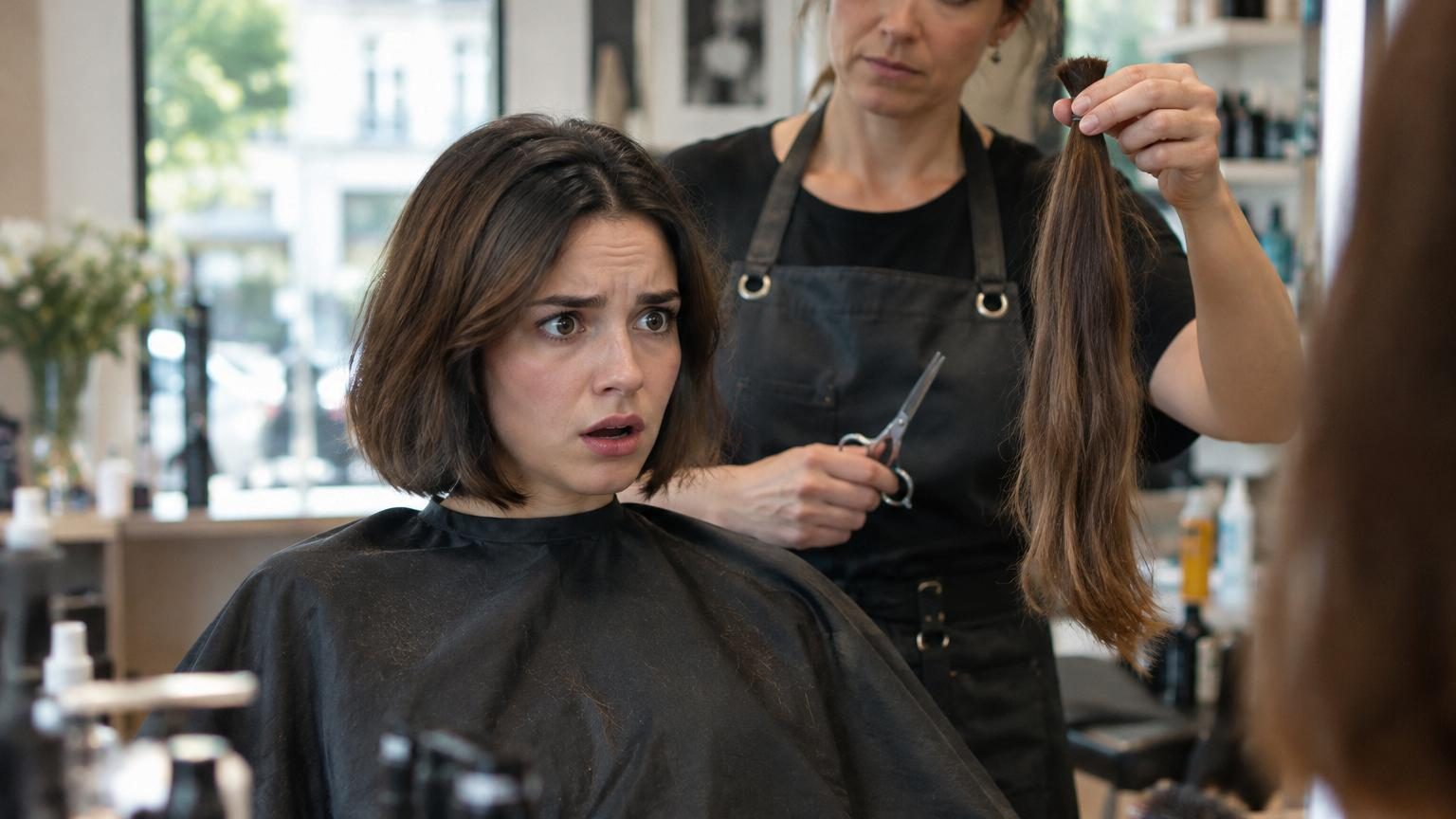 Coiffeuse avec des ciseaux tenant une mèche de cheveux, prête à couper devant un miroir de salon