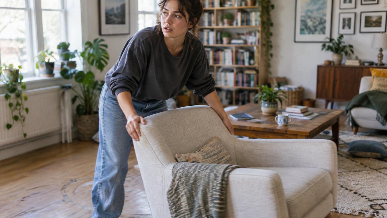 Intérieur moderne avec meubles disposés différemment, illustrant la réorganisation répétée d'un salon ou d'une chambre comme expression de l'équilibre émotionnel.