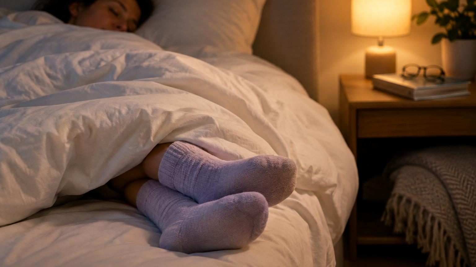 Personne dormant paisiblement au lit, les pieds couverts de chaussettes colorées, sous une couette épaisse.