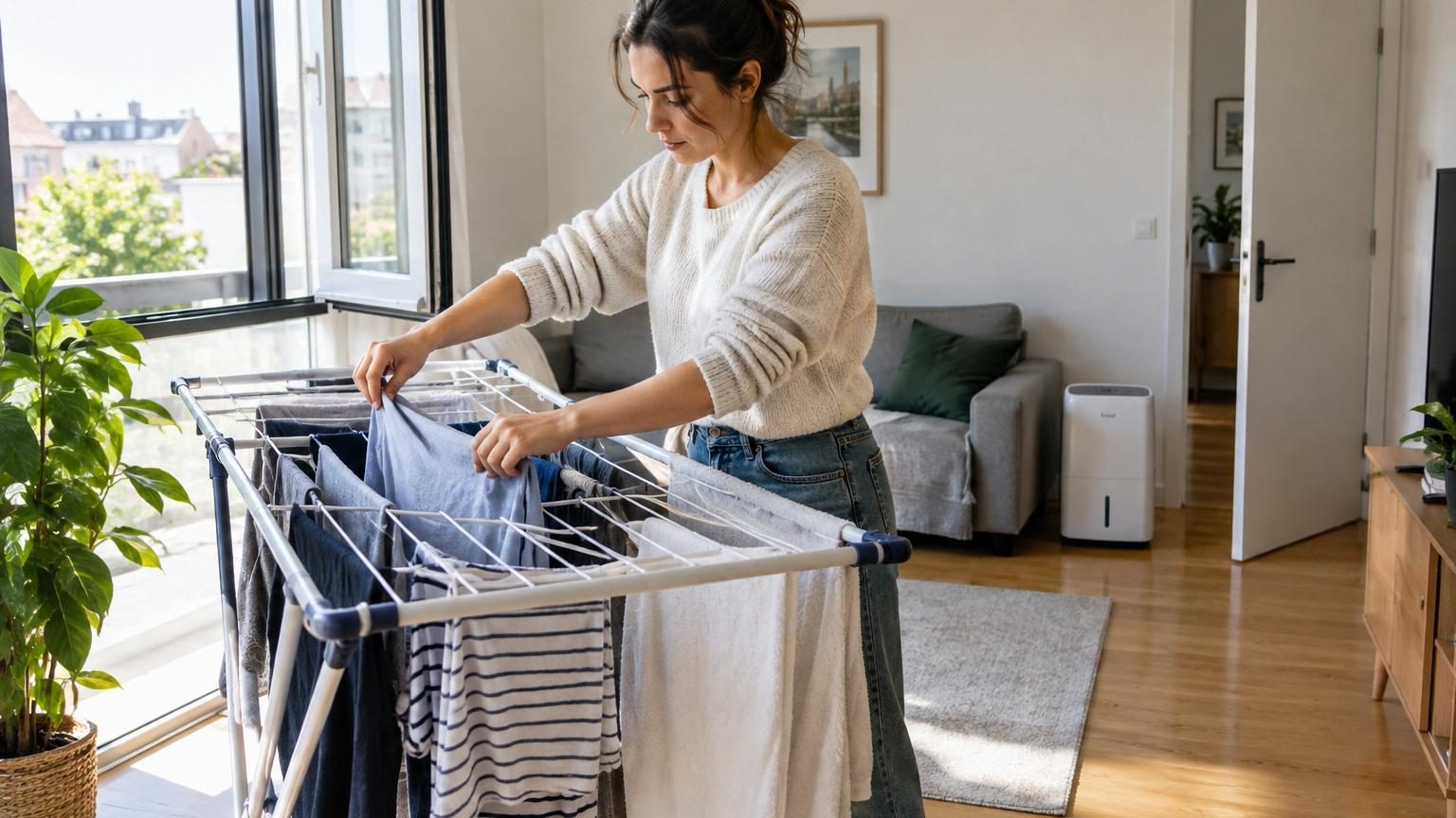 Un séchoir rempli de linge humide posé dans une pièce bien ventilée près d'une fenêtre ouverte, illustration des bonnes pratiques pour éviter l'humidité.