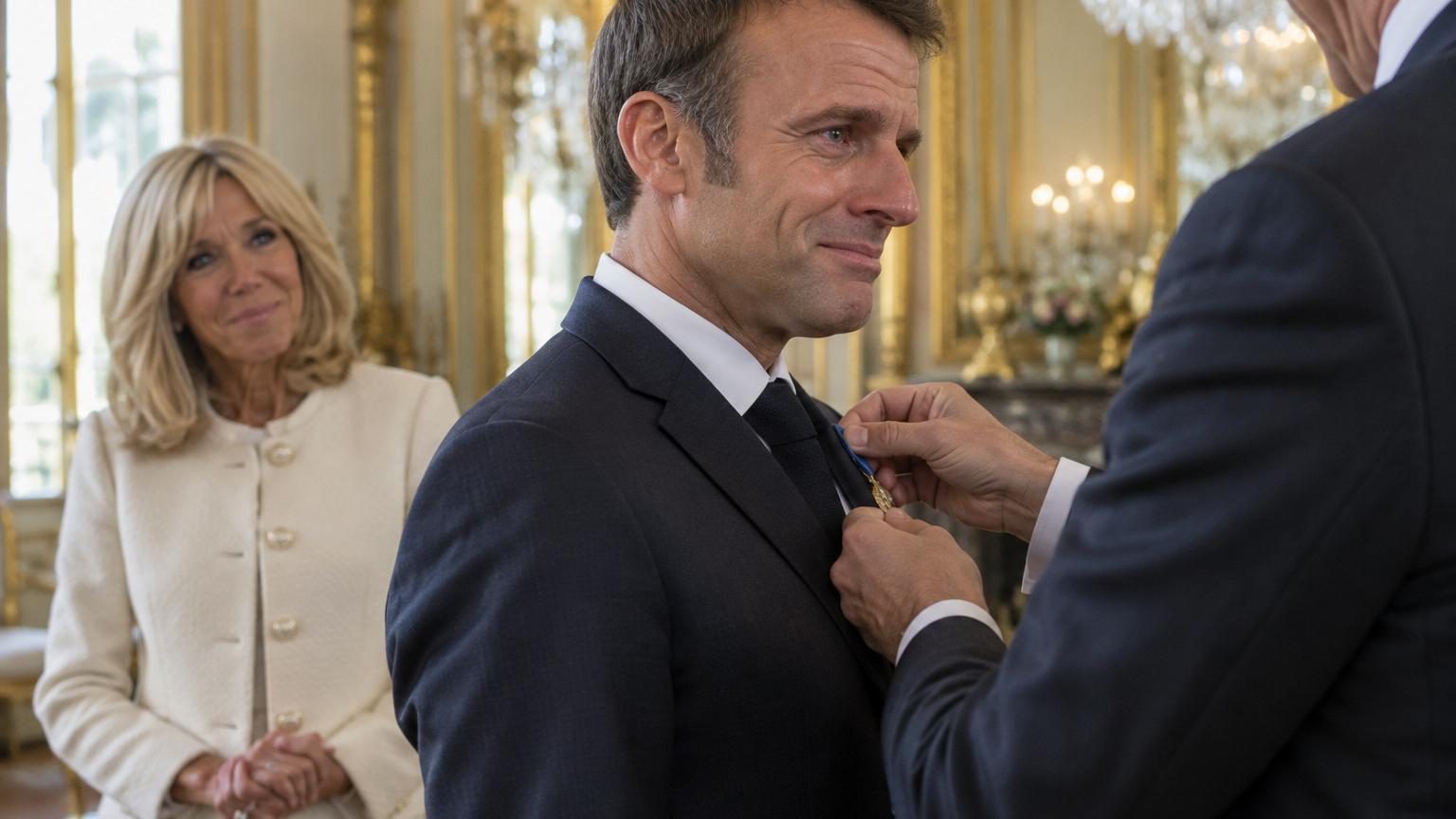 Cérémonie officielle à l'Élysée où le président épingle une décoration sur la veste d'un homme, tandis que Brigitte observe la scène avec émotion.
