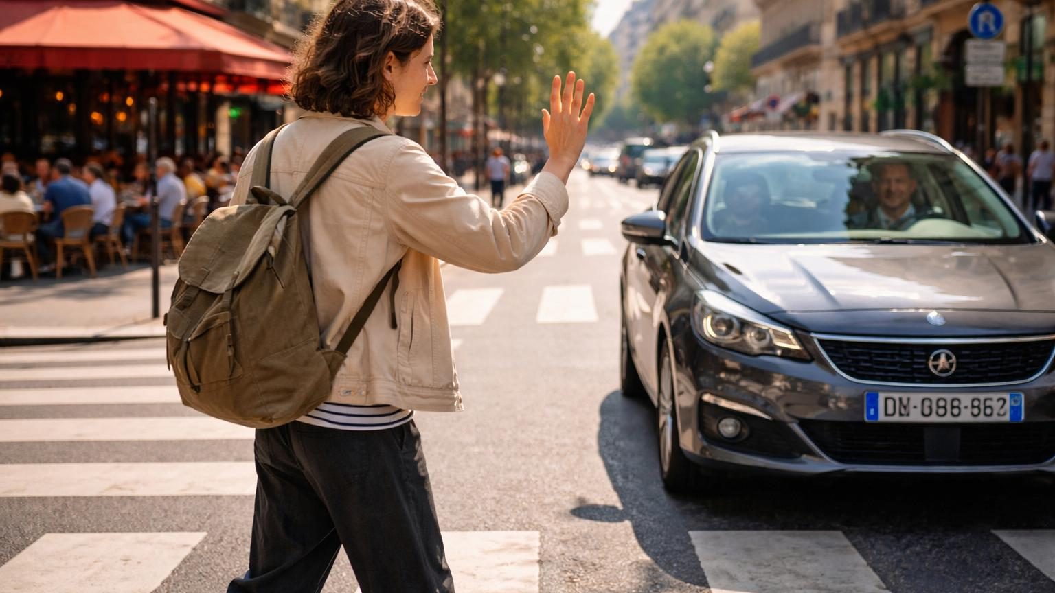 Piéton levant la main en signe de remerciement vers une voiture à l'arrêt au passage piéton, interaction courtoise en milieu urbain.