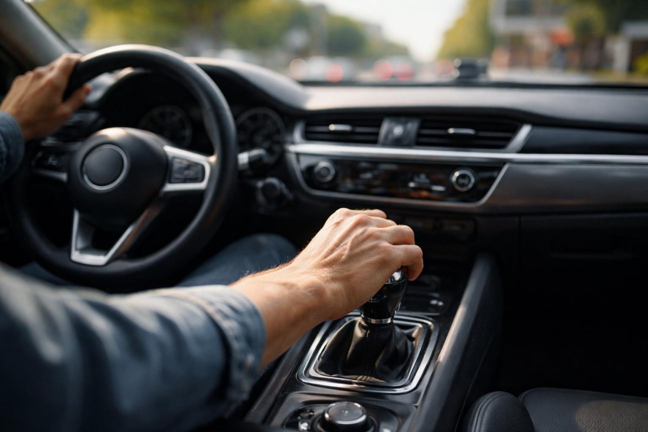 Main d'un conducteur posée en permanence sur le levier de vitesses d'une voiture à transmission manuelle en roulant.