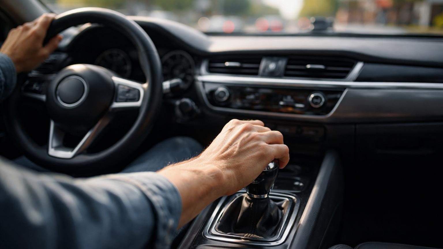Main d'un conducteur posée en permanence sur le levier de vitesses d'une voiture à transmission manuelle en roulant.