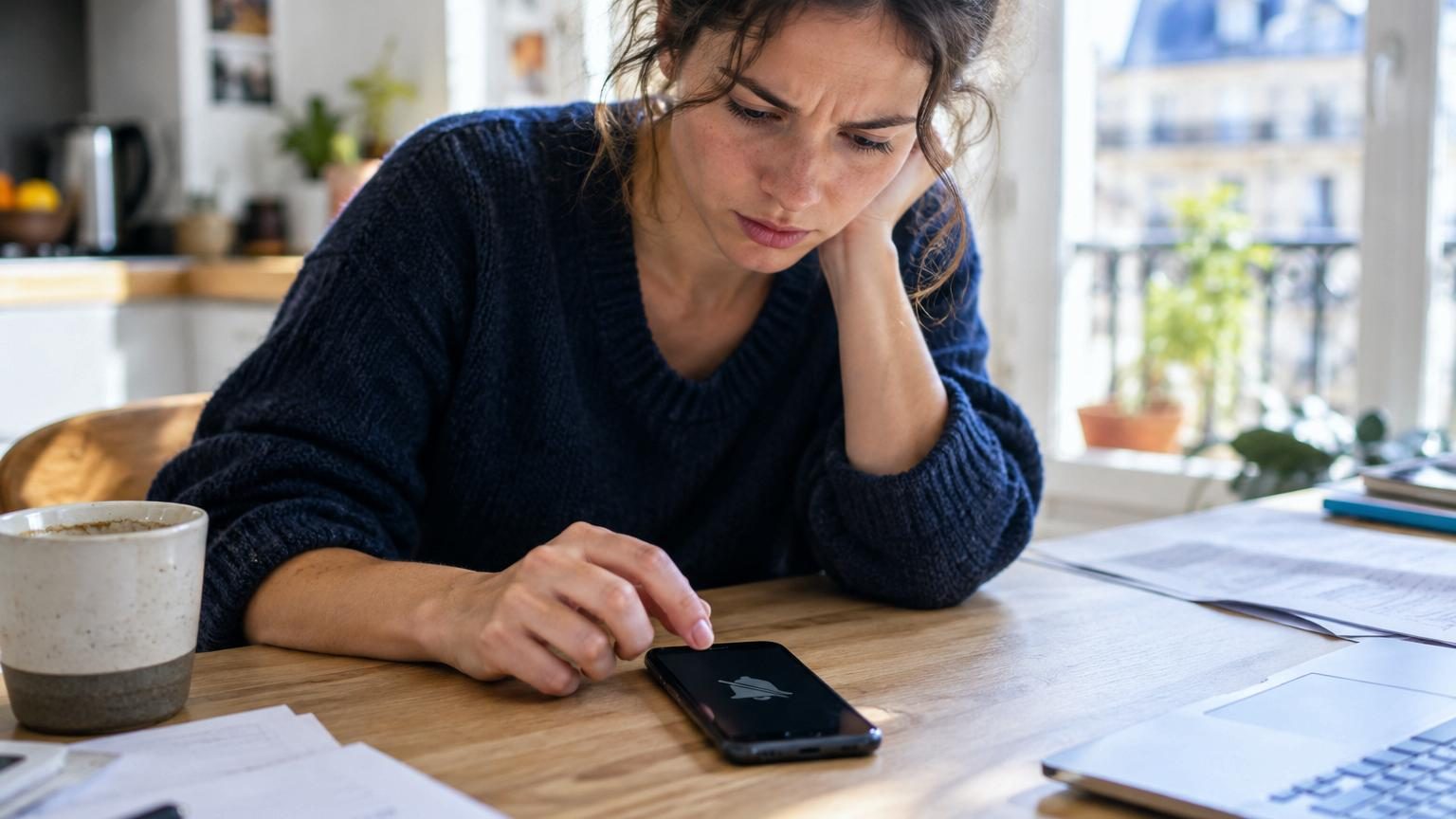 Gros plan d'une main tenant un smartphone affichant l'icône de mode silencieux, sur fond neutre avec effet de vigilance ou d'anxiété