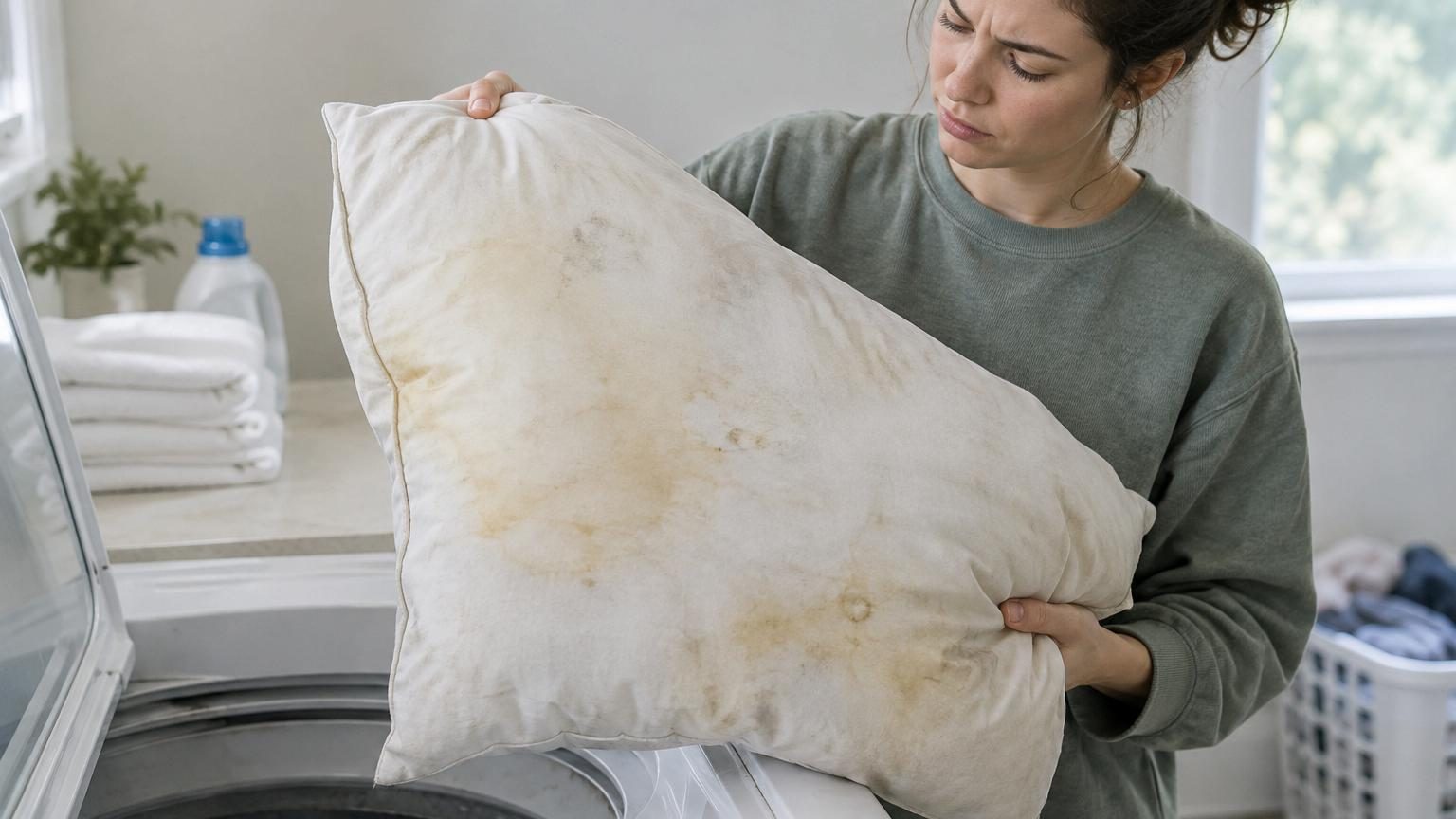 Gros plan sur un oreiller blanc partiellement mouillé en cours de lavage, avec des gouttes d'eau et des signes visibles d'humidité, illustrant l'importance du séchage complet.