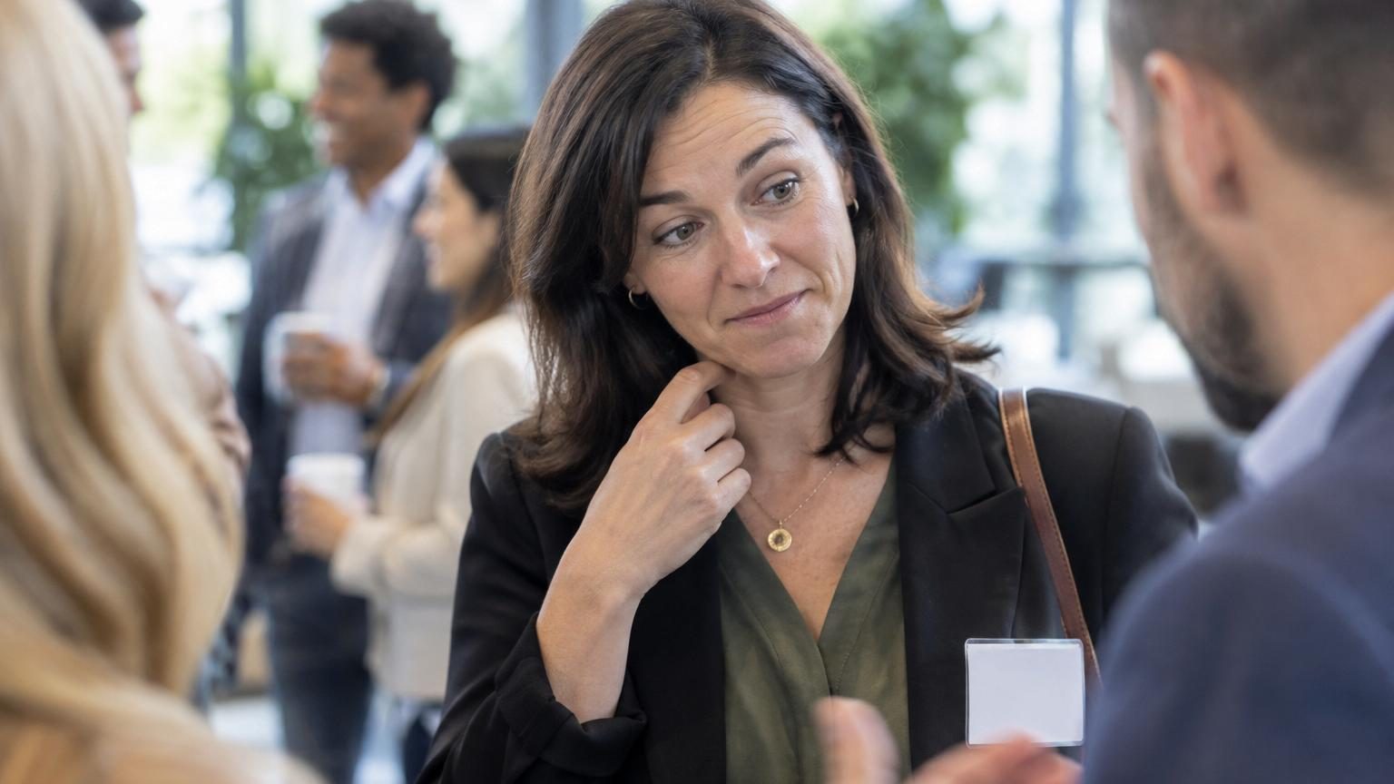 Une personne en train d'oublier le prénom d'une autre lors d'une poignée de main, tandis que des icônes illustrent les informations retenues : visage, métier, anecdote.