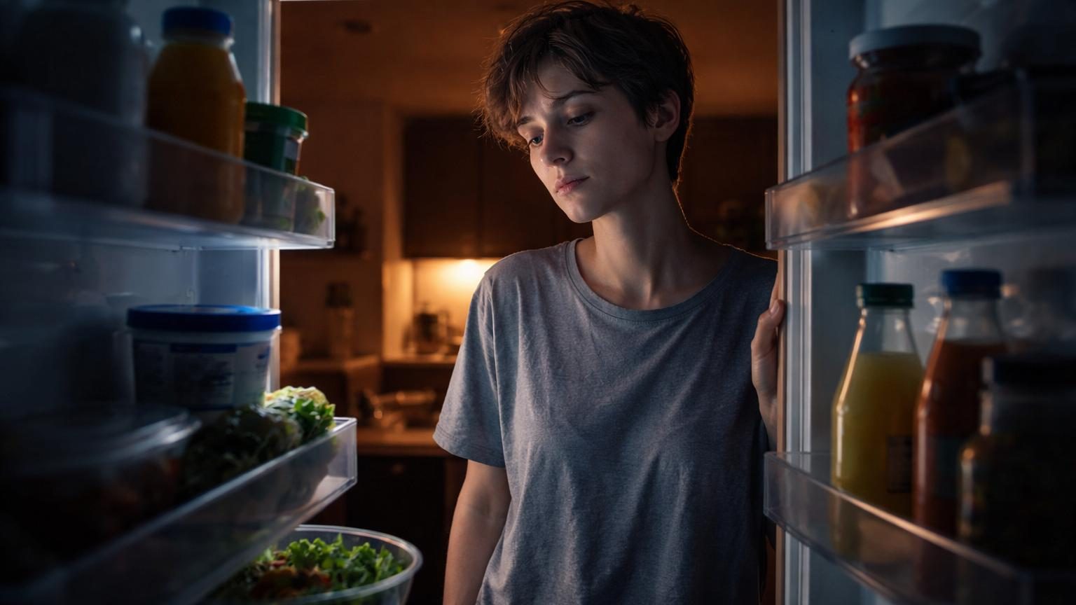 Personne ouvrant la porte d'un réfrigérateur dans une cuisine, regardant l'intérieur sans prendre de nourriture, illustration d'un comportement automatique.