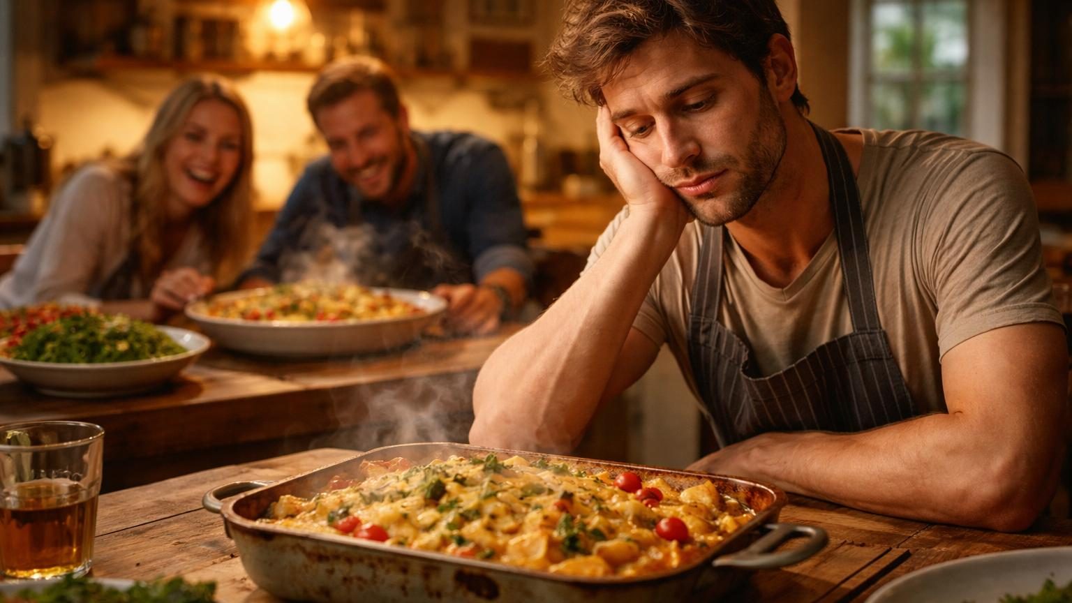 Un cuisinier mâle concentré sur sa préparation culinaire, entouré de vapeurs et d'odeurs flottantes, tandis qu'une assiette finement dressée apparaît floue ou moins appétissante devant lui.