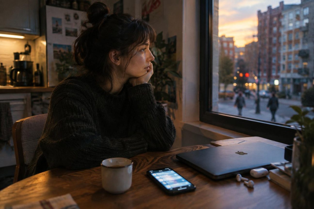 Personne assise dans un fauteuil confortable près d'une fenêtre ensoleillée, lisant un livre physique sans téléphone visible à proximité, en contraste avec l'agitation numérique moderne.