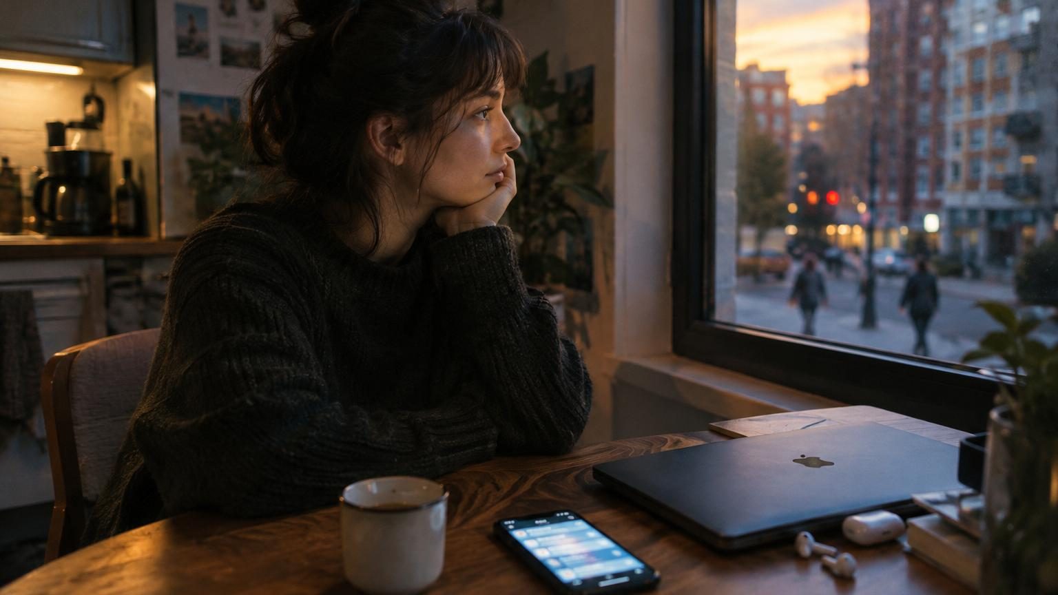 Personne assise dans un fauteuil confortable près d'une fenêtre ensoleillée, lisant un livre physique sans téléphone visible à proximité, en contraste avec l'agitation numérique moderne.