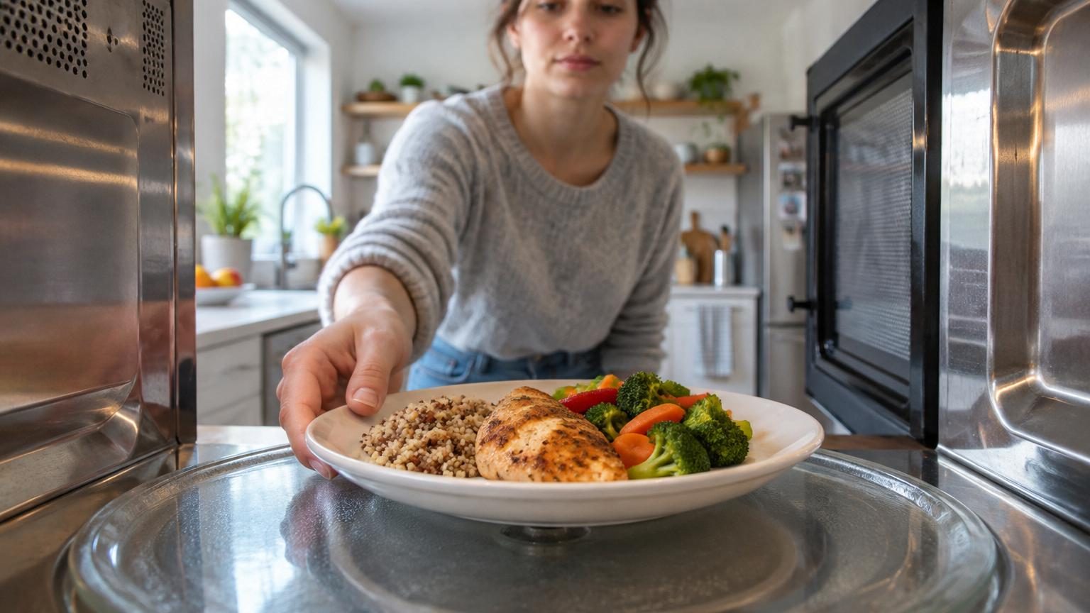 Un plat positionné décalé vers le bord d'un plateau tournant de micro-ondes, illustrant la bonne pratique de placement pour un réchauffage homogène.