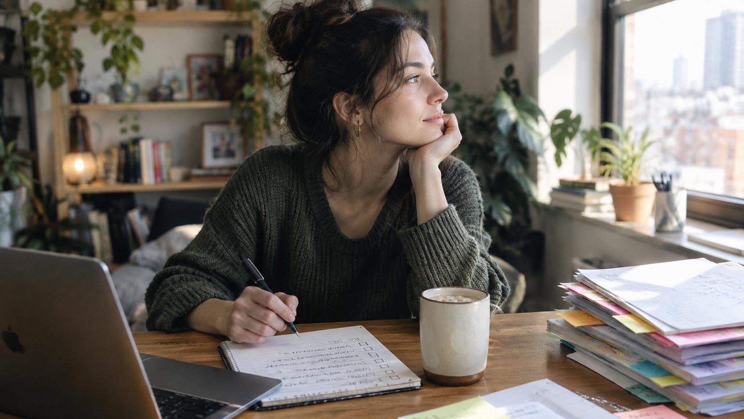 Personne pensive assise à un bureau, entourée de notes et de schémas, représentant l'incubation créative d'un procrastinateur actif laissant ses idées mûrir avant d'agir.