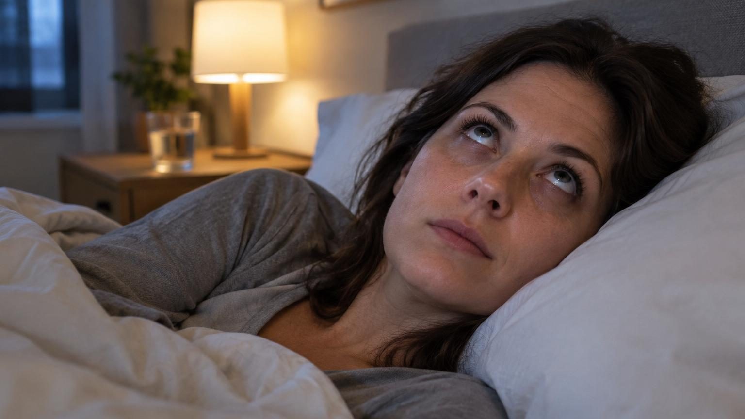 Personne allongée dans un lit avec les yeux fermés, exécutant un mouvement des yeux vers le haut pour se rendormir.