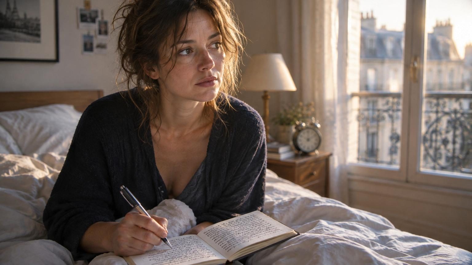 Personne se réveillant au lit avec une expression rêveuse, scènes de rêves colorées flottant dans sa tête en-dessus, symbolisant la mémorisation vivace des rêves au matin