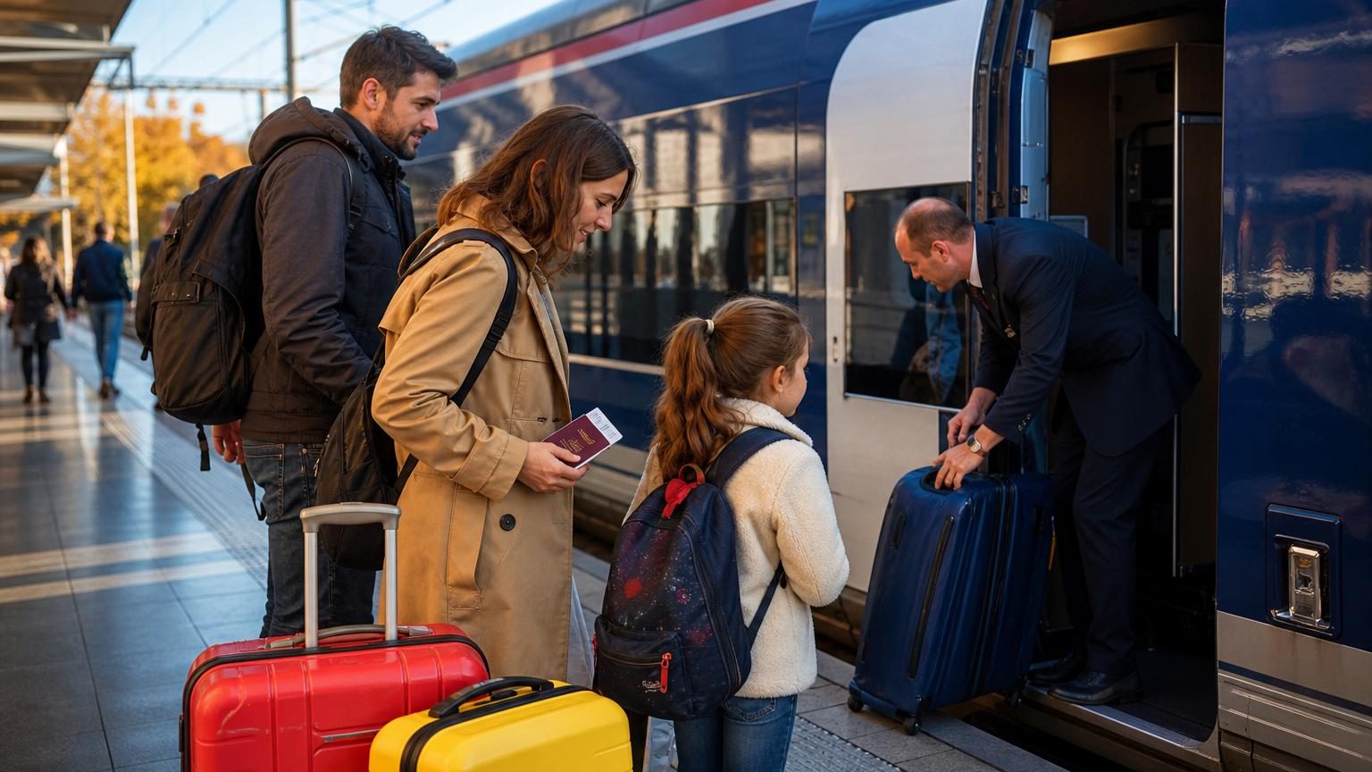 Une famille à la gare consulte l'écran des départs, une valise en main et un sac de cabine entre les jambes, symbolisant la préparation d'un départ en vacances.