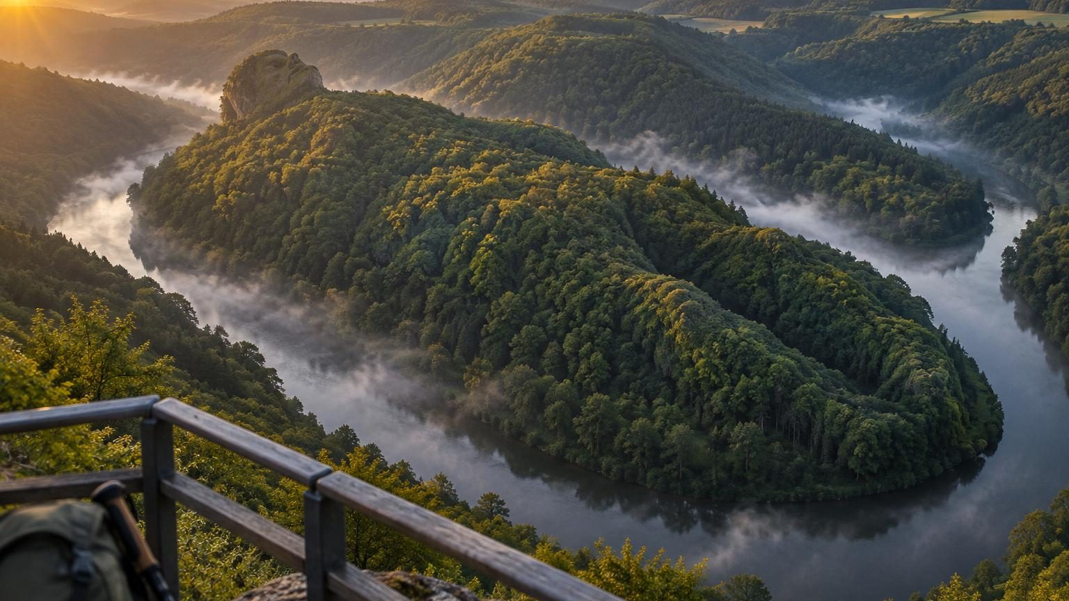 Vue aérienne d'une colline boisée formant une silhouette de géant allongé, entourée par les méandres serrés de la rivière Semois dans les Ardennes belges.