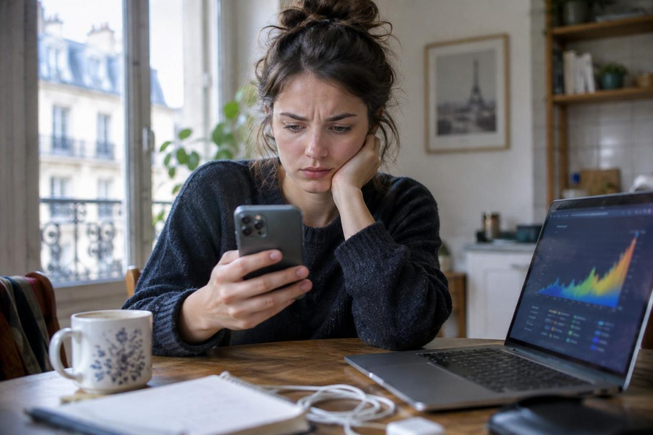 Smartphone affichant l'écran de paramètres WhatsApp avec les options de gestion des données et des téléchargements automatiques à configurer